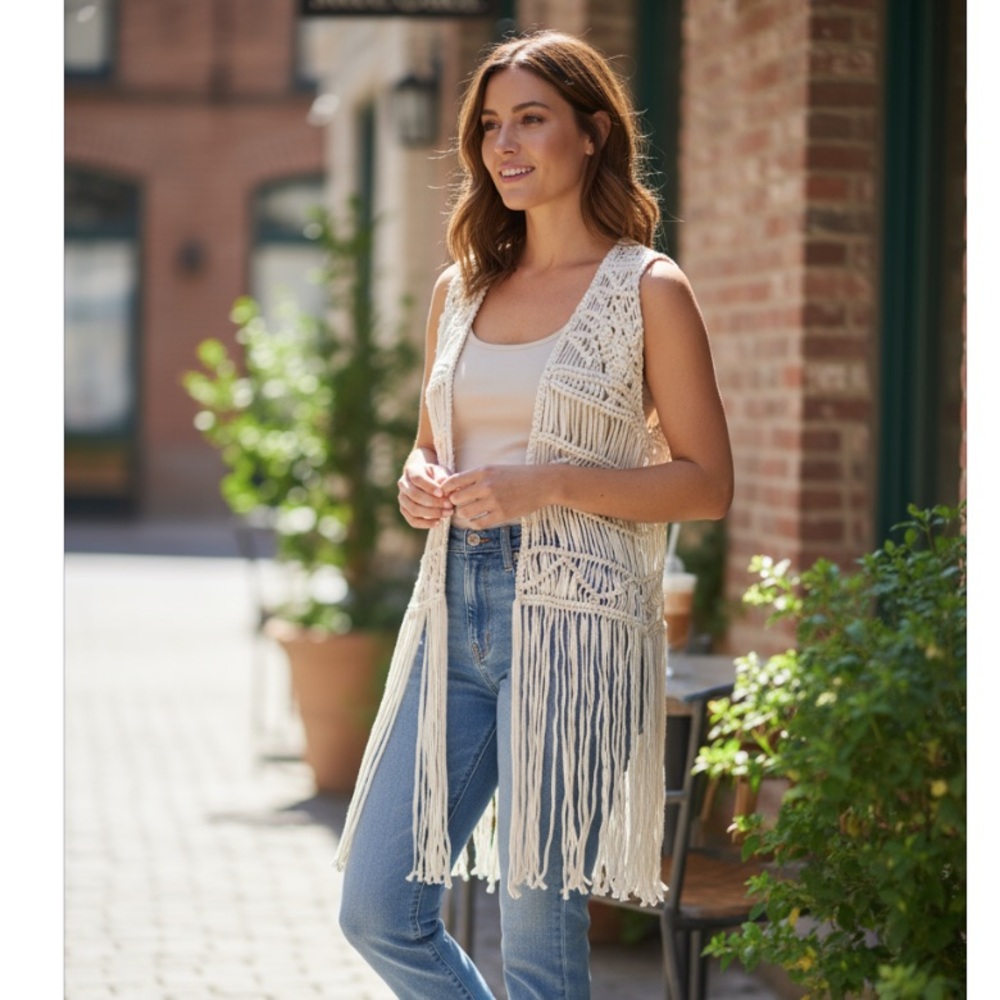 134-119$ NWT Cream Fringe Crochet Vest